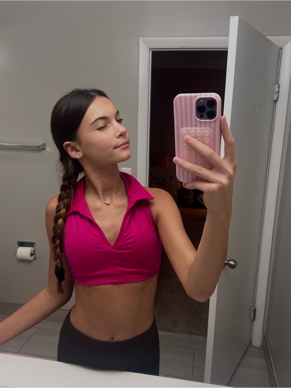 ALO Yoga Pink Collared V-Neck Crop Sports Bra